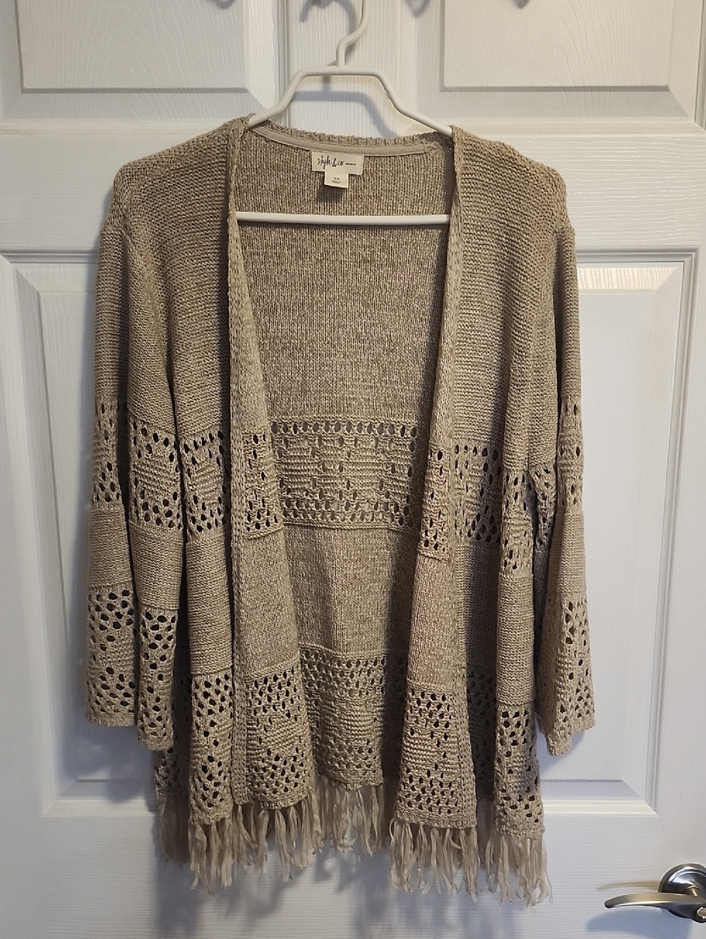 Style & Co. Crochet Panel Fringe Open-Front Cardigan - Tan